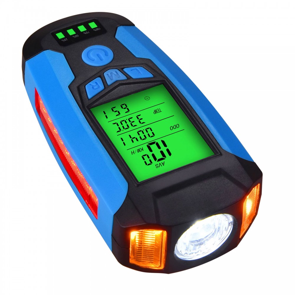 Мощная велосипедная LED фара 3-в-1 с компьютером, сигналом и USB, синяя