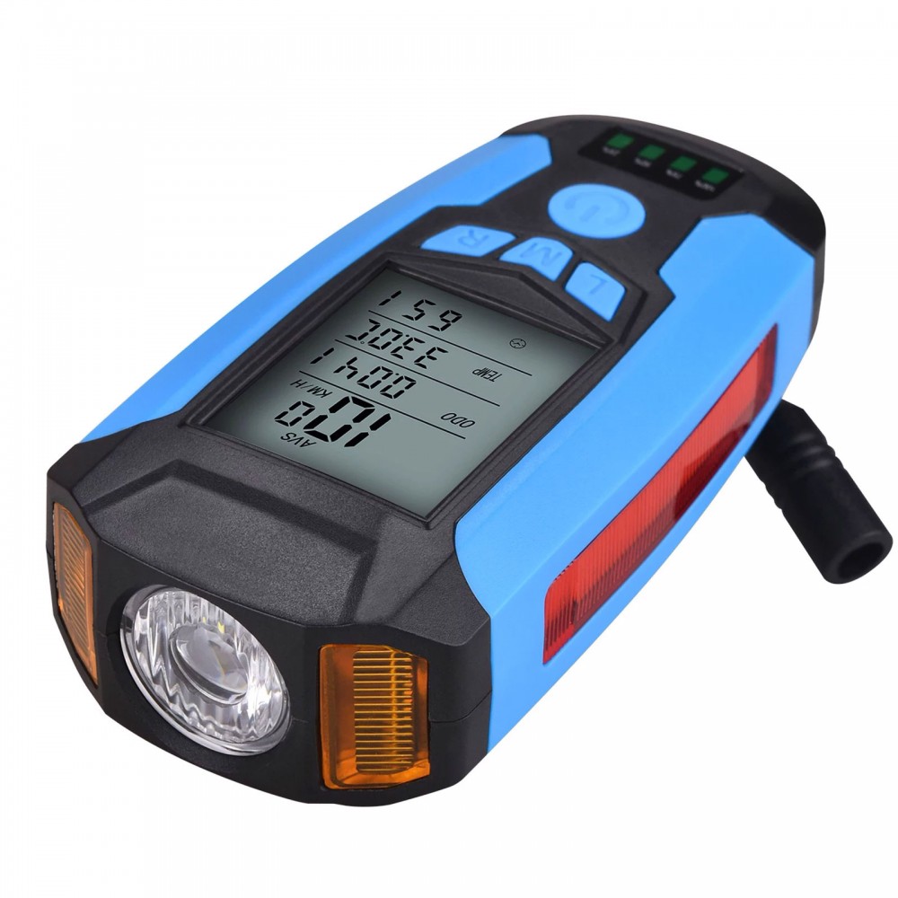 Мощная велосипедная LED фара 3-в-1 с компьютером, сигналом и USB, синяя