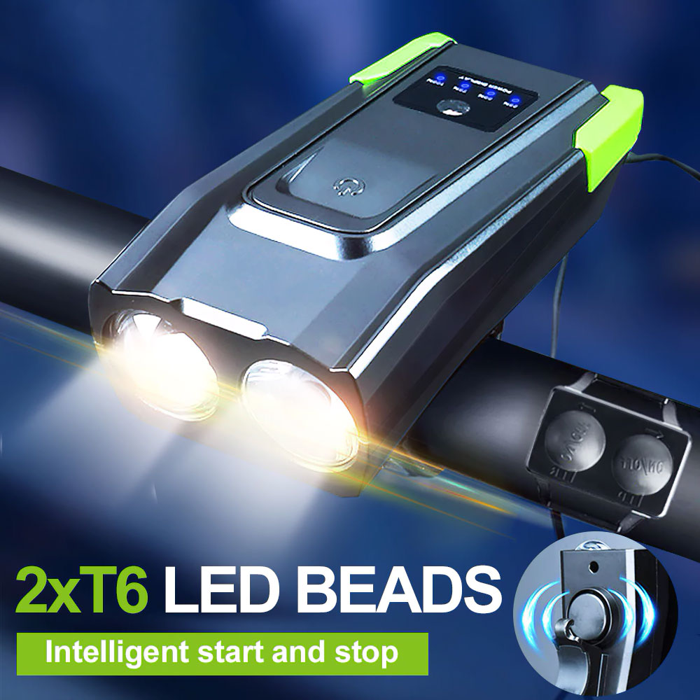 Двойная велосипедная смарт фара с сигналом, 2x T6 LED 400LM, 2000mAh, USB зарядка