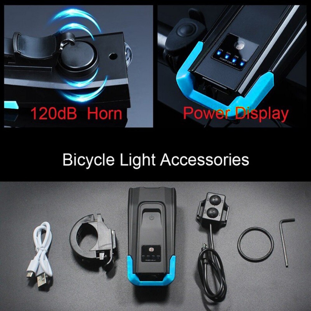 Двойная велосипедная смарт фара с сигналом, 2x T6 LED 400LM, 2000mAh, USB зарядка, черно-голубая