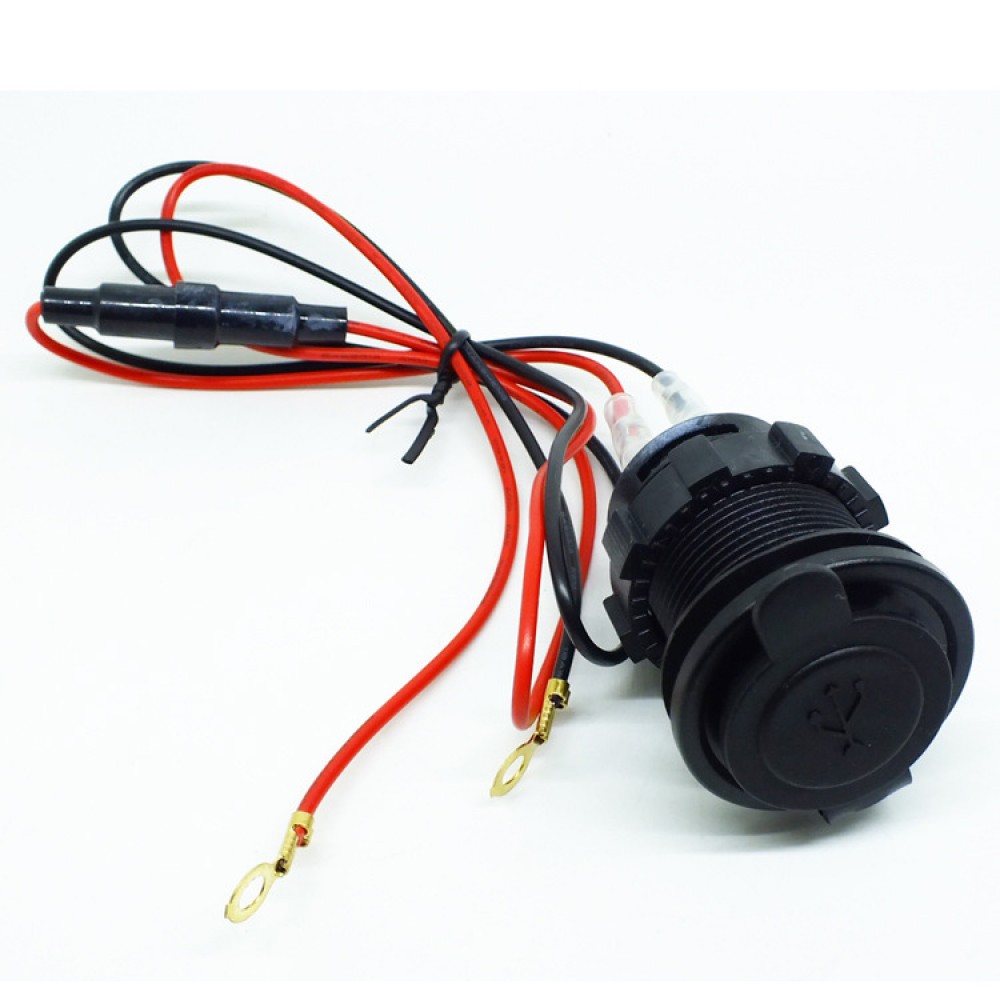 2x USB 2.1А розетка автомобильная круглая 29 мм врезная, 12-24В, с крышкой и индикатором