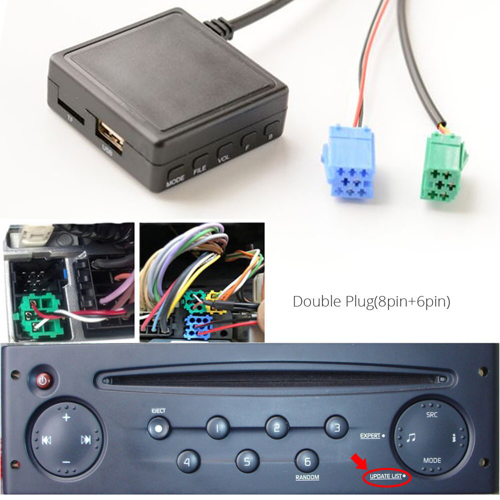 Bluetooth 5.0 USB AUX адаптер з мікрофоном, MP3 плеєр, з роз'ємом Mini ISO, для авто магнитол RENAULT, 6 та 8-pin, та ін.