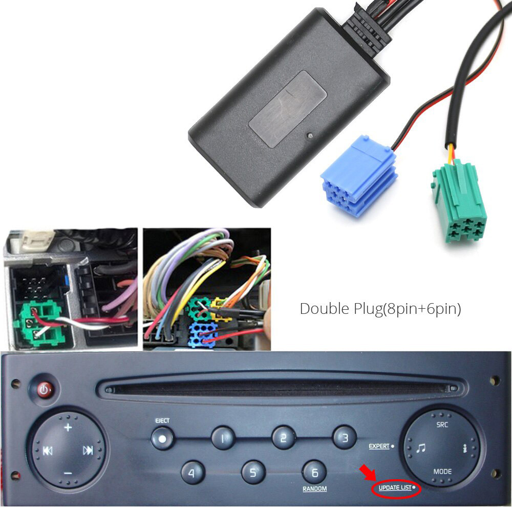 Bluetooth 5.0 AUX кабель адаптер з роз'ємом Mini ISO для авто магнітоли RENAULT Megane, 6 і 8 pin, та ін.